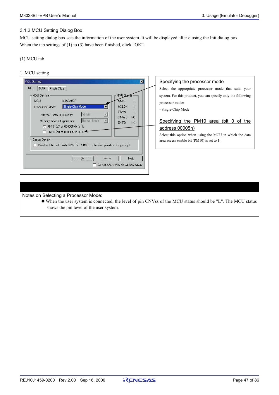 2 mcu setting dialog box, Important | Renesas M3028BT-EPB User Manual | Page 49 / 88