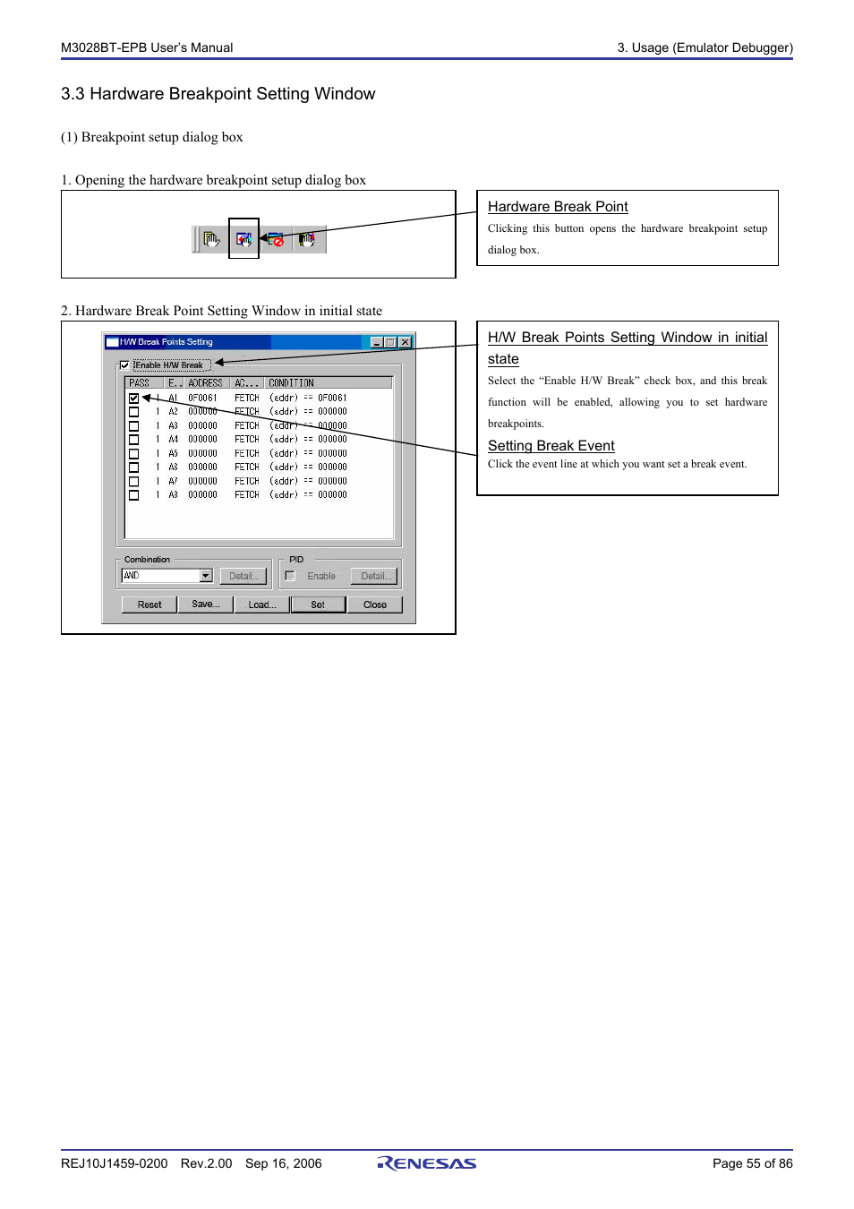 3 hardware breakpoint setting window | Renesas M3028BT-EPB User Manual | Page 57 / 88