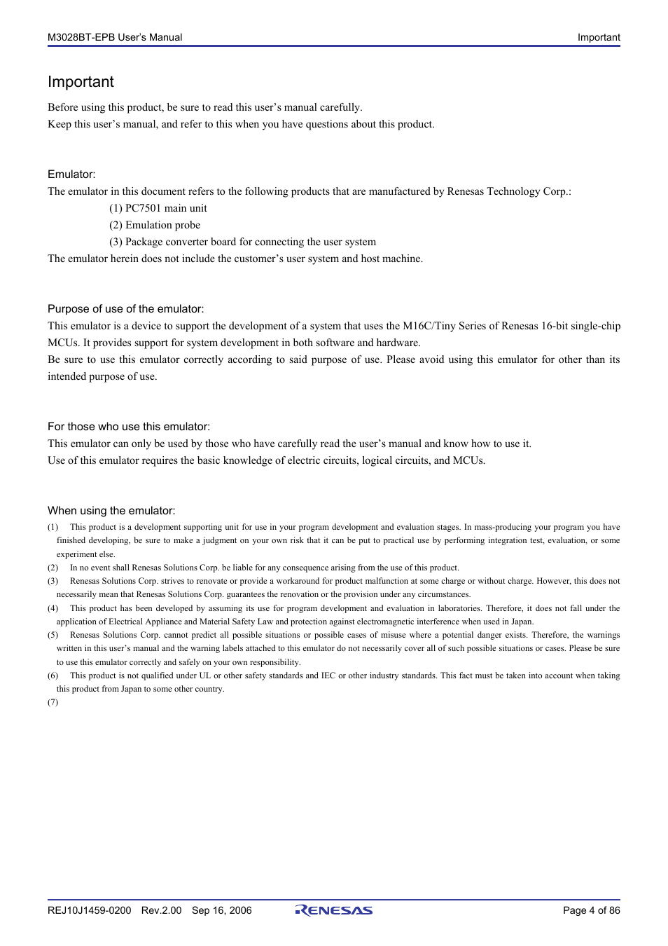 Important | Renesas M3028BT-EPB User Manual | Page 6 / 88