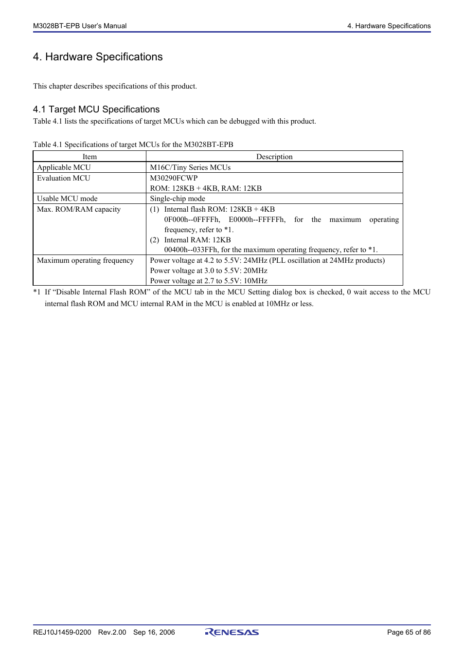 Hardware specifications, 1 target mcu specifications | Renesas M3028BT-EPB User Manual | Page 67 / 88