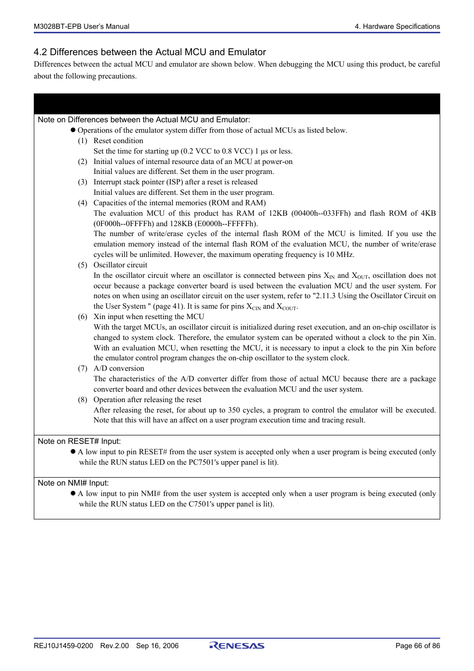 2 differences between the actual mcu and emulator, Important | Renesas M3028BT-EPB User Manual | Page 68 / 88