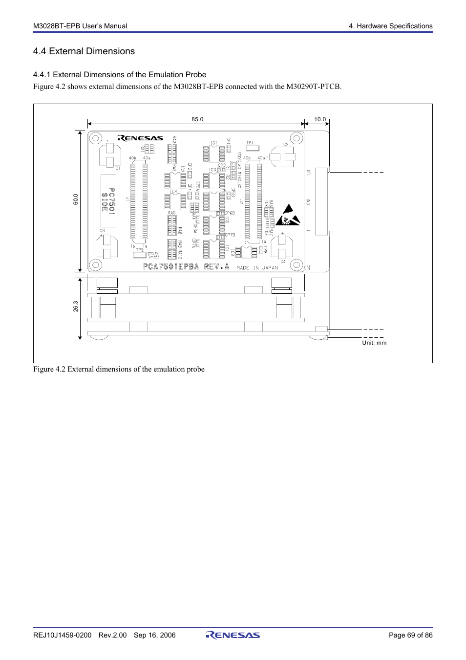 4 external dimensions, 1 external dimensions of the emulation probe | Renesas M3028BT-EPB User Manual | Page 71 / 88