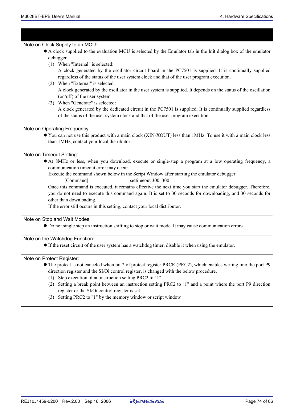 Important | Renesas M3028BT-EPB User Manual | Page 76 / 88