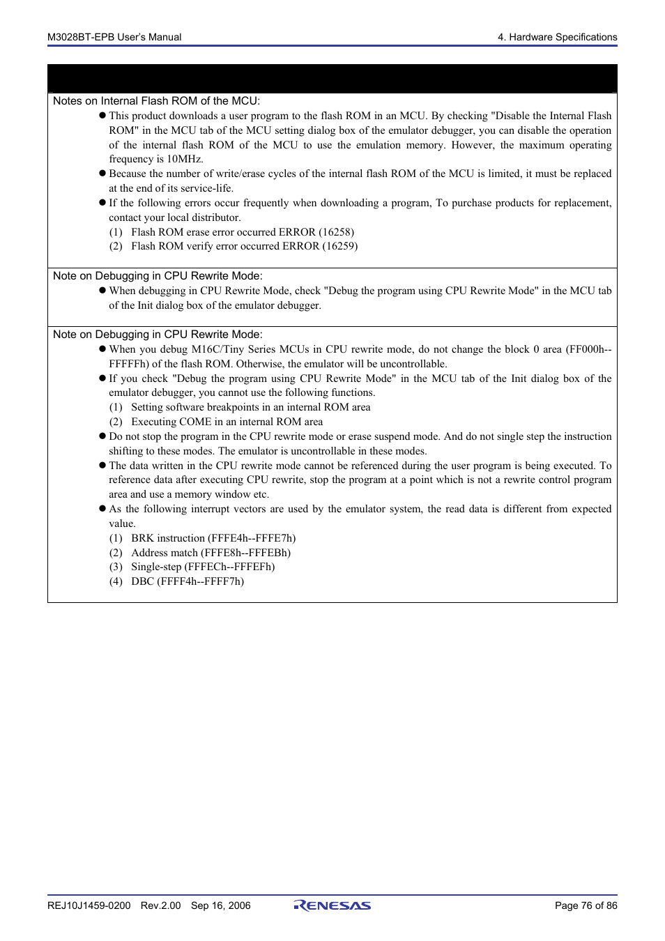 Important | Renesas M3028BT-EPB User Manual | Page 78 / 88