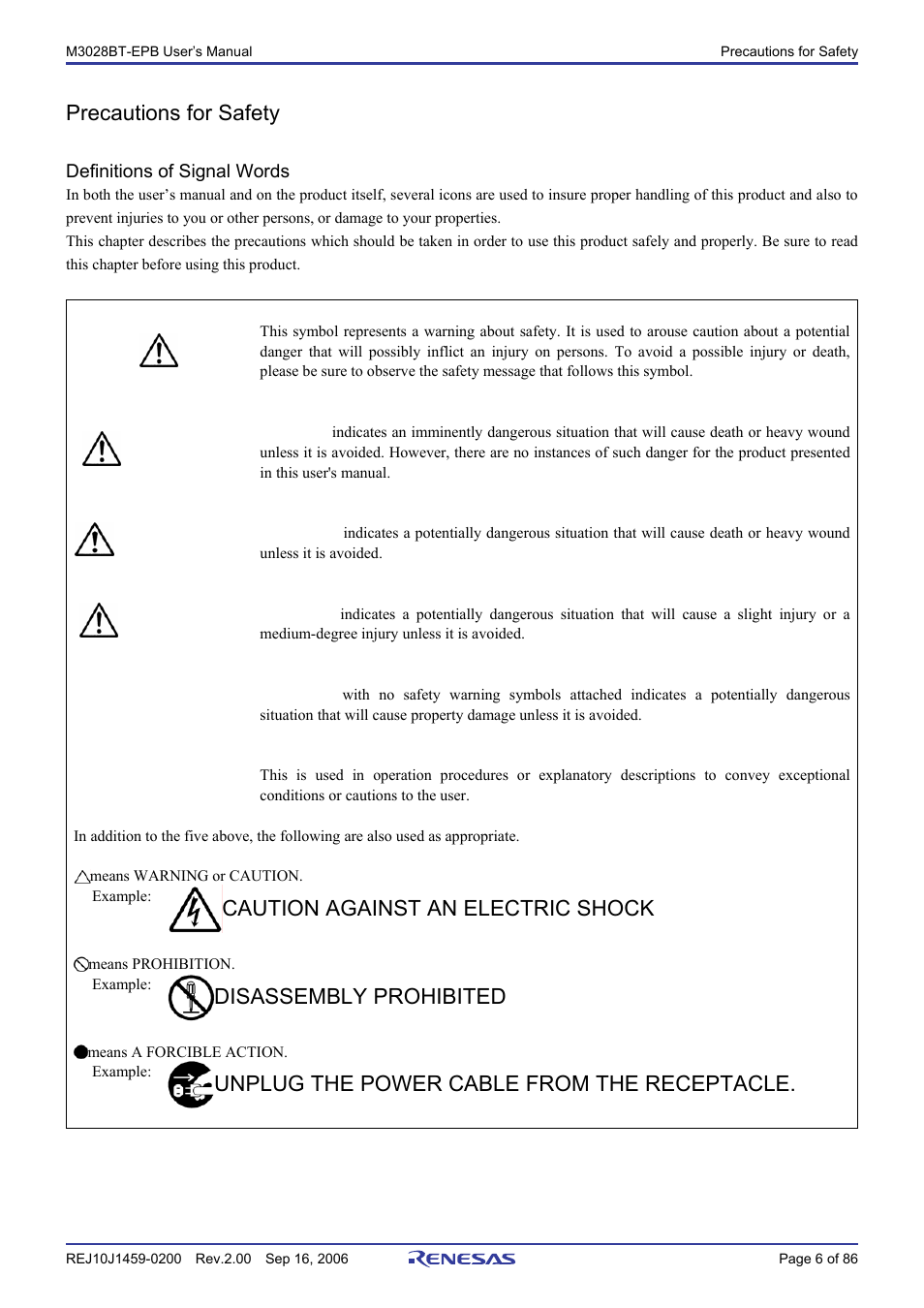 Precautions for safety, Danger, Warning | Caution, Important, Caution against an electric shock, Disassembly prohibited, Unplug the power cable from the receptacle | Renesas M3028BT-EPB User Manual | Page 8 / 88