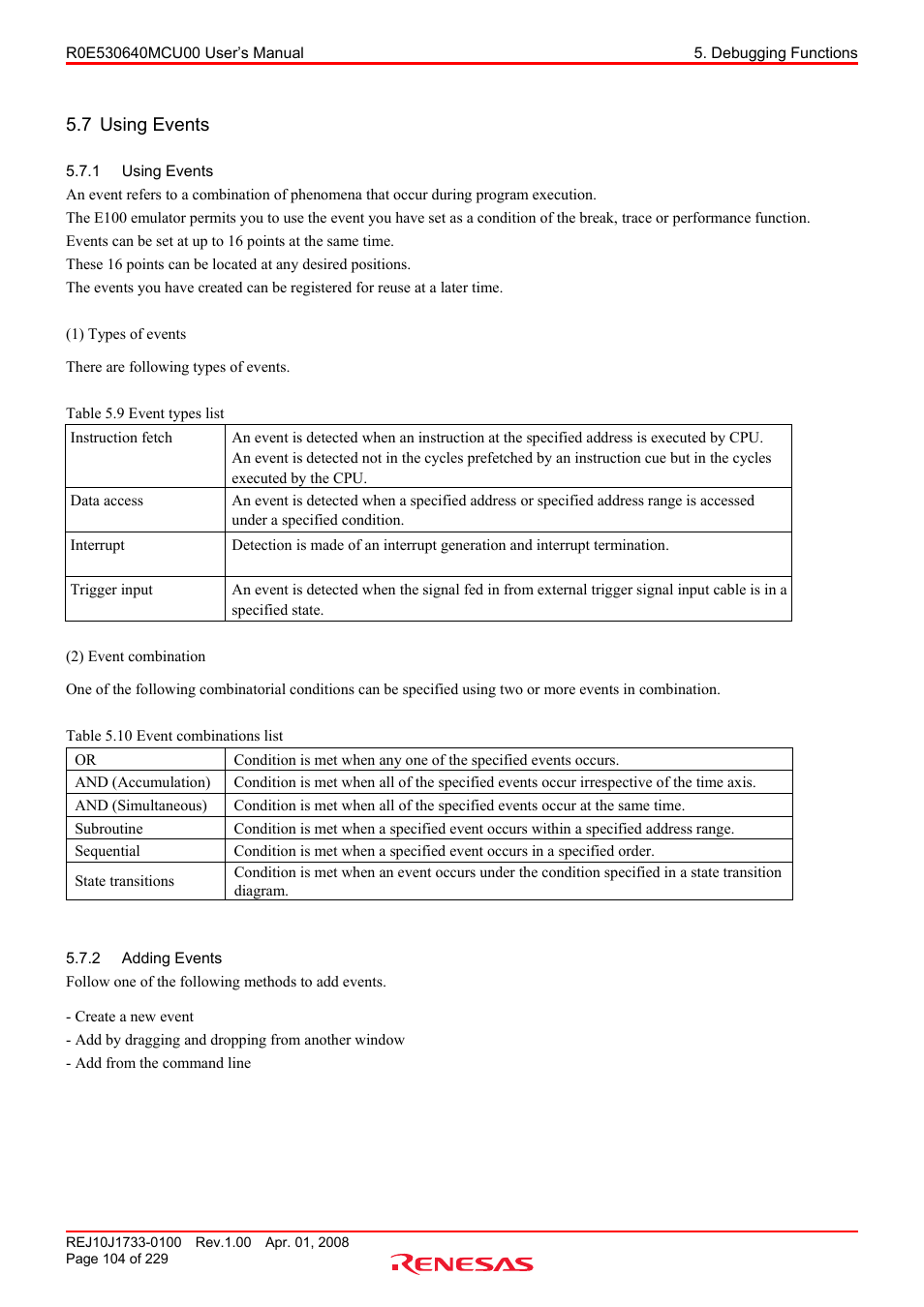 7 using events, 1 using events, 2 adding events | Using events, Adding events | Renesas R0E530640MCU00 User Manual | Page 104 / 229