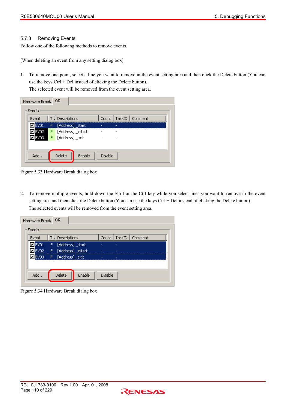 3 removing events, Removing events | Renesas R0E530640MCU00 User Manual | Page 110 / 229