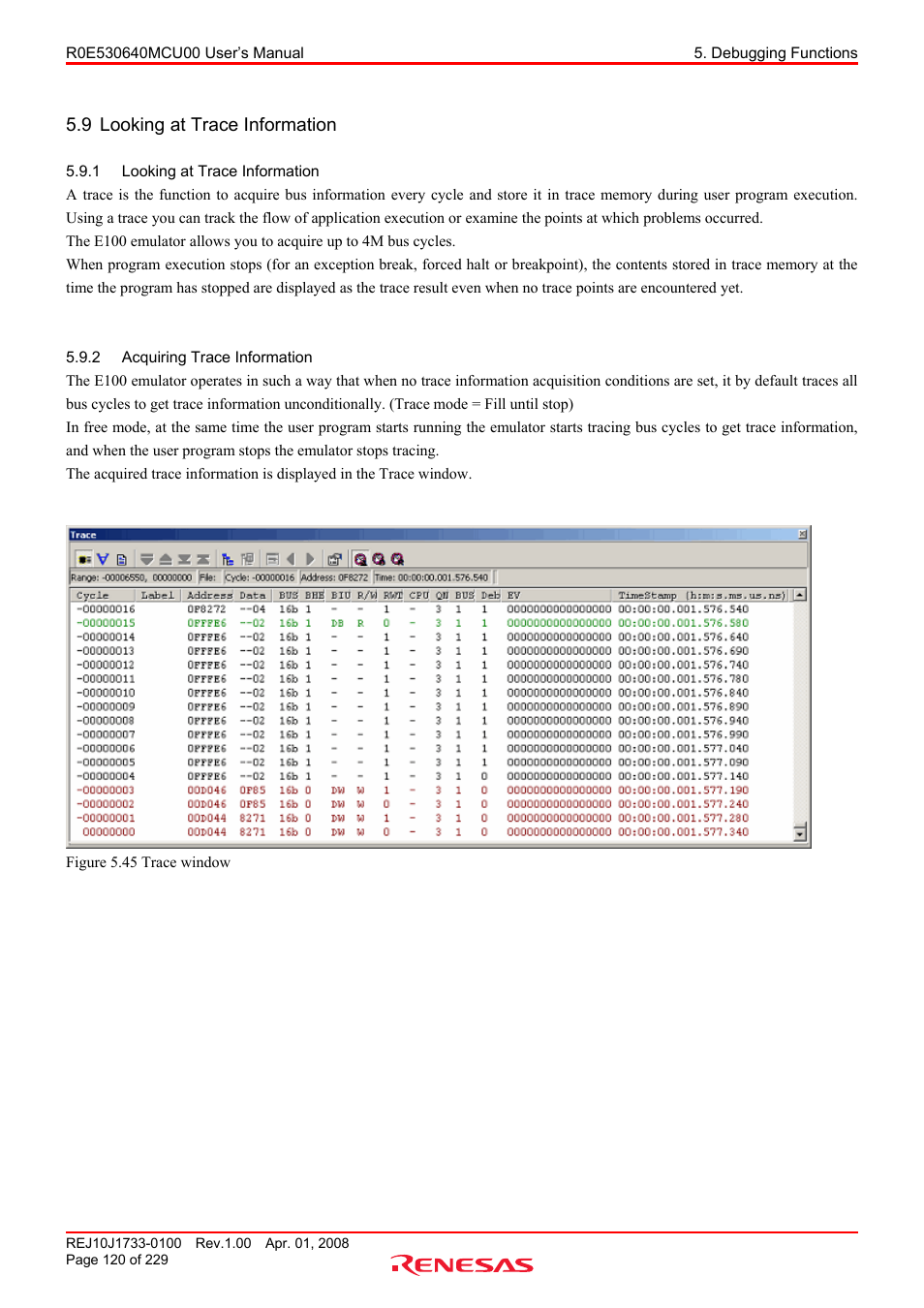 9 looking at trace information, 1 looking at trace information, 2 acquiring trace information | Looking at trace information, Acquiring trace information | Renesas R0E530640MCU00 User Manual | Page 120 / 229
