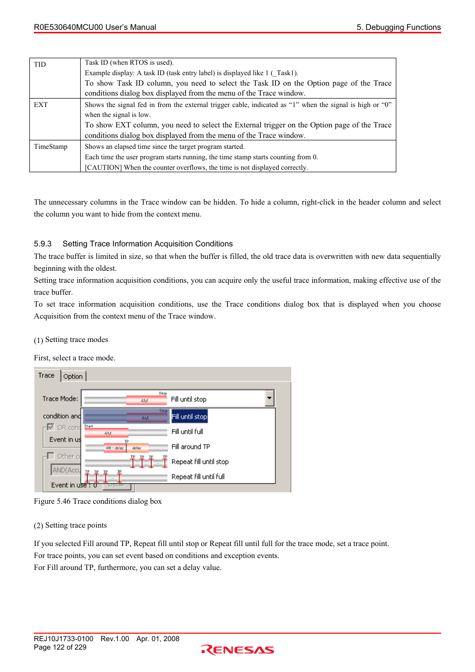3 setting trace information acquisition conditions, Setting trace information acquisition conditions | Renesas R0E530640MCU00 User Manual | Page 122 / 229