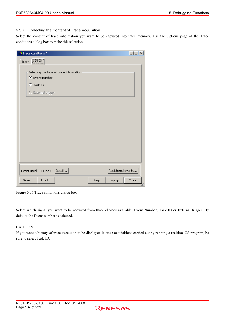 7 selecting the content of trace acquisition, Selecting the content of trace acquisition | Renesas R0E530640MCU00 User Manual | Page 132 / 229