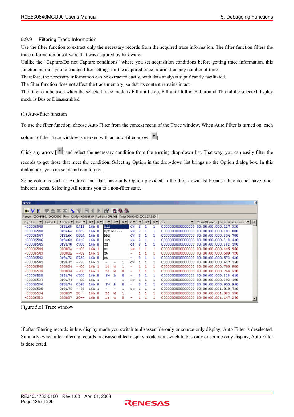 9 filtering trace information, Filtering trace information | Renesas R0E530640MCU00 User Manual | Page 135 / 229
