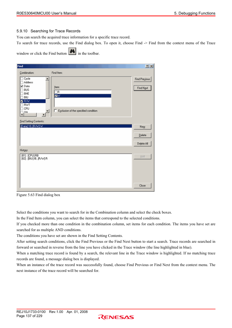 10 searching for trace records, Searching for trace records | Renesas R0E530640MCU00 User Manual | Page 137 / 229