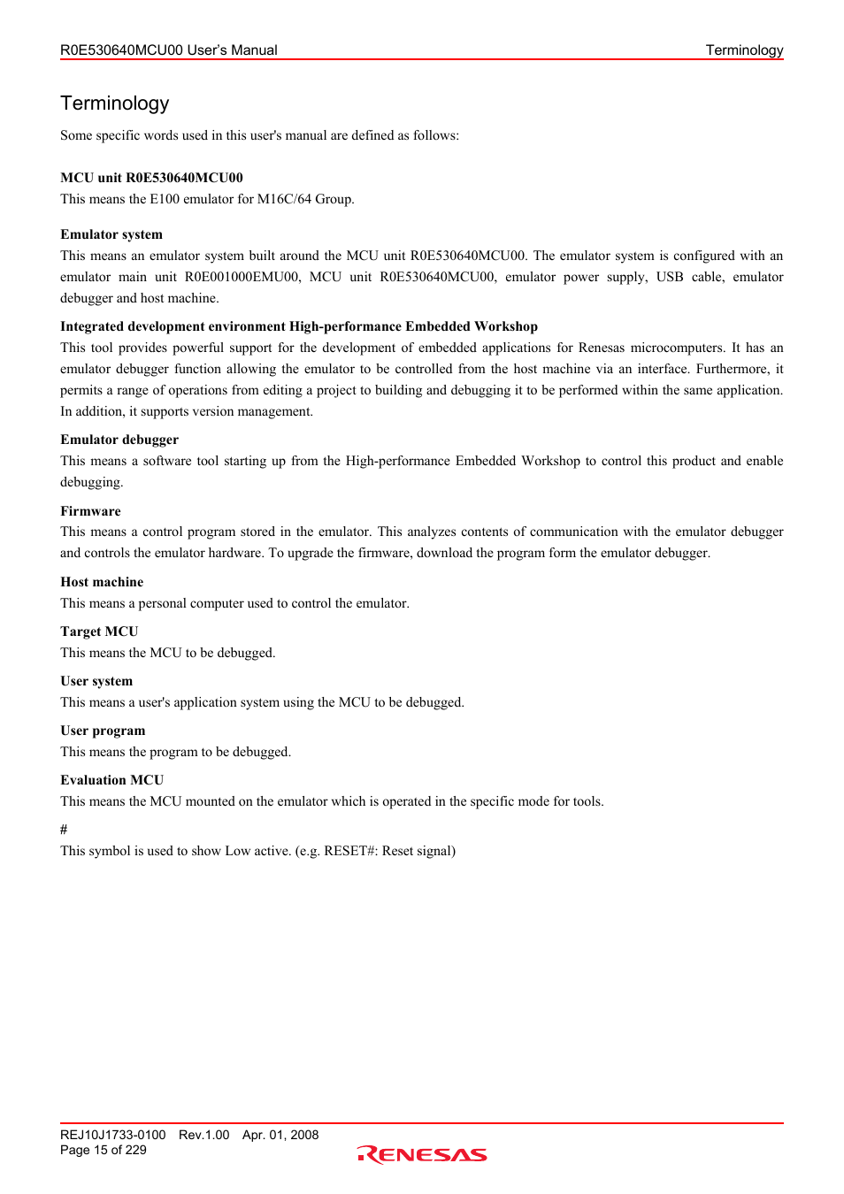 Terminology | Renesas R0E530640MCU00 User Manual | Page 15 / 229