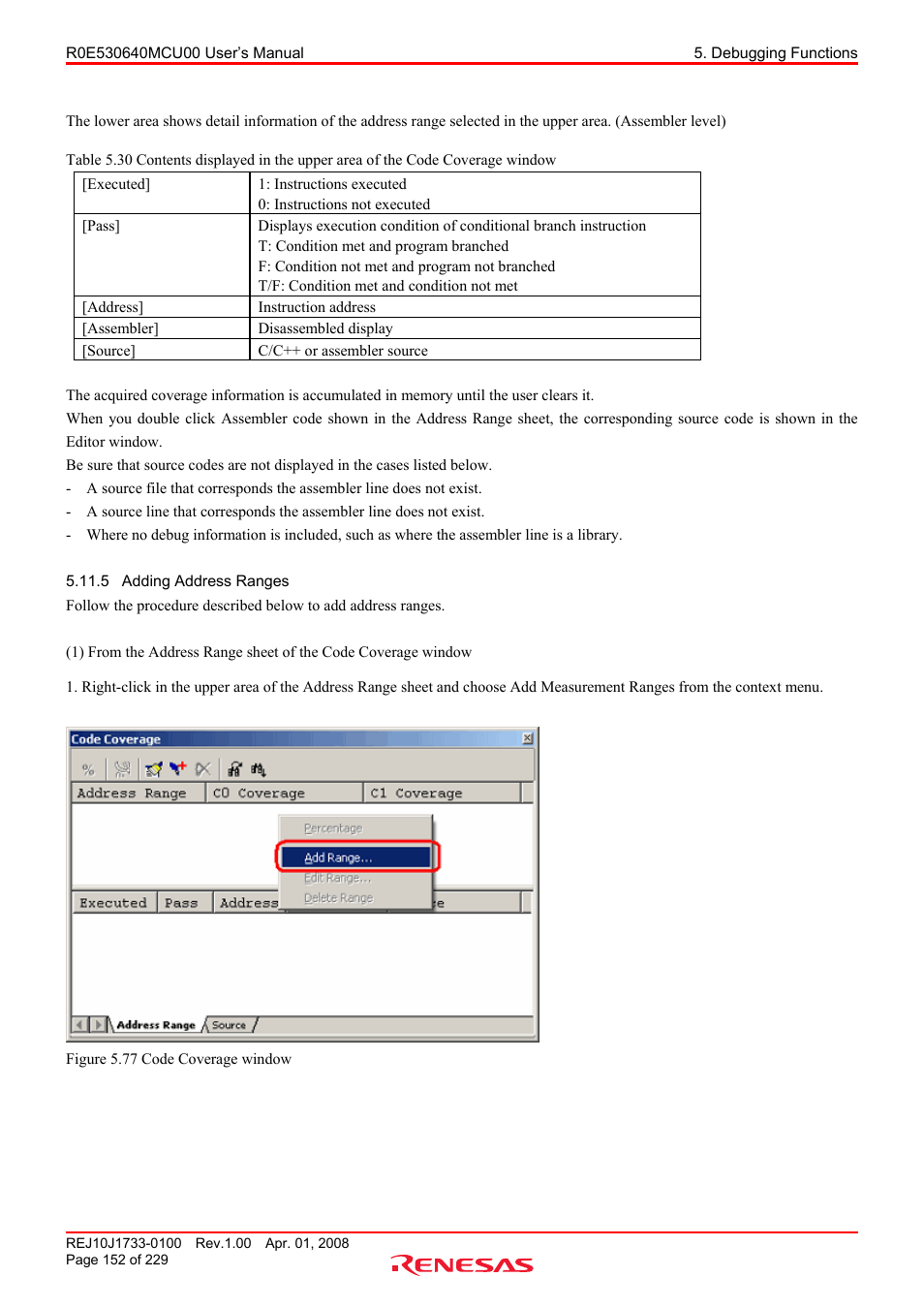 5 adding address ranges, Adding address ranges | Renesas R0E530640MCU00 User Manual | Page 152 / 229