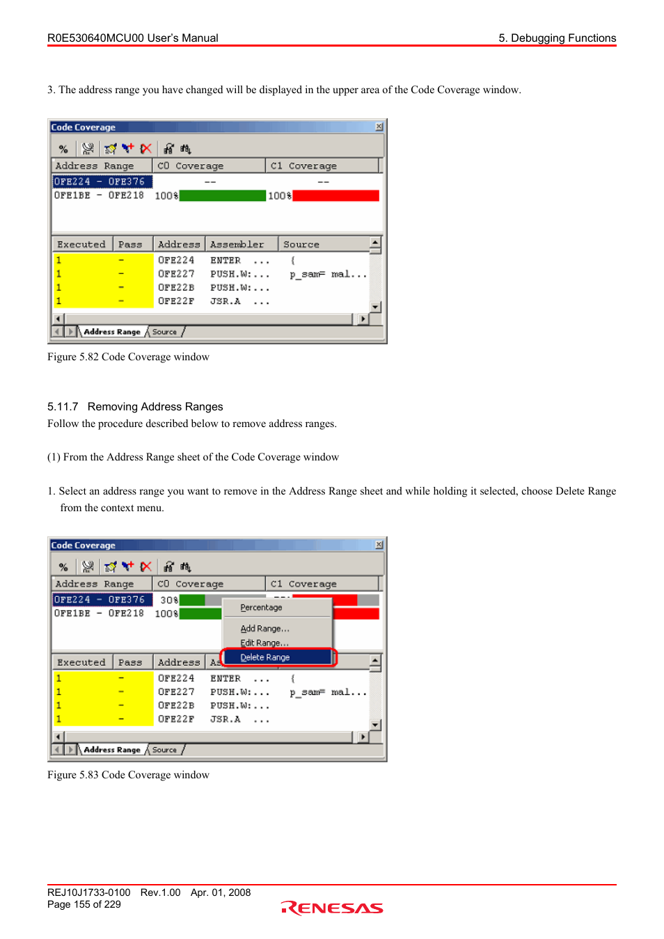 7 removing address ranges, Removing address ranges | Renesas R0E530640MCU00 User Manual | Page 155 / 229