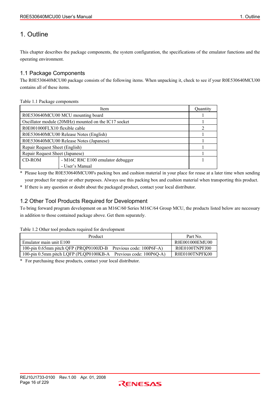 Outline, 1 package components, 2 other tool products required for development | Renesas R0E530640MCU00 User Manual | Page 16 / 229