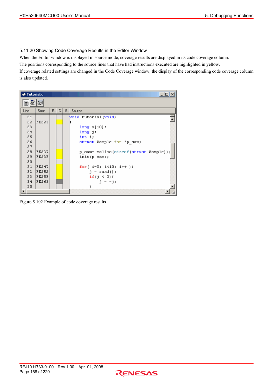Showing code coverage results in the editor window | Renesas R0E530640MCU00 User Manual | Page 168 / 229