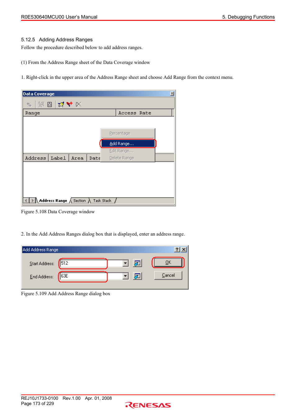 5 adding address ranges, Adding address ranges | Renesas R0E530640MCU00 User Manual | Page 173 / 229