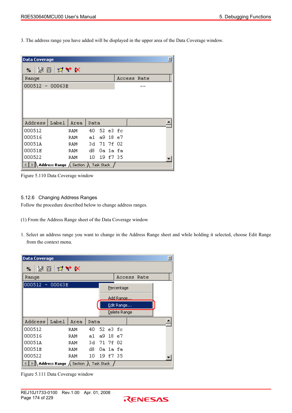 6 changing address ranges, Changing address ranges | Renesas R0E530640MCU00 User Manual | Page 174 / 229