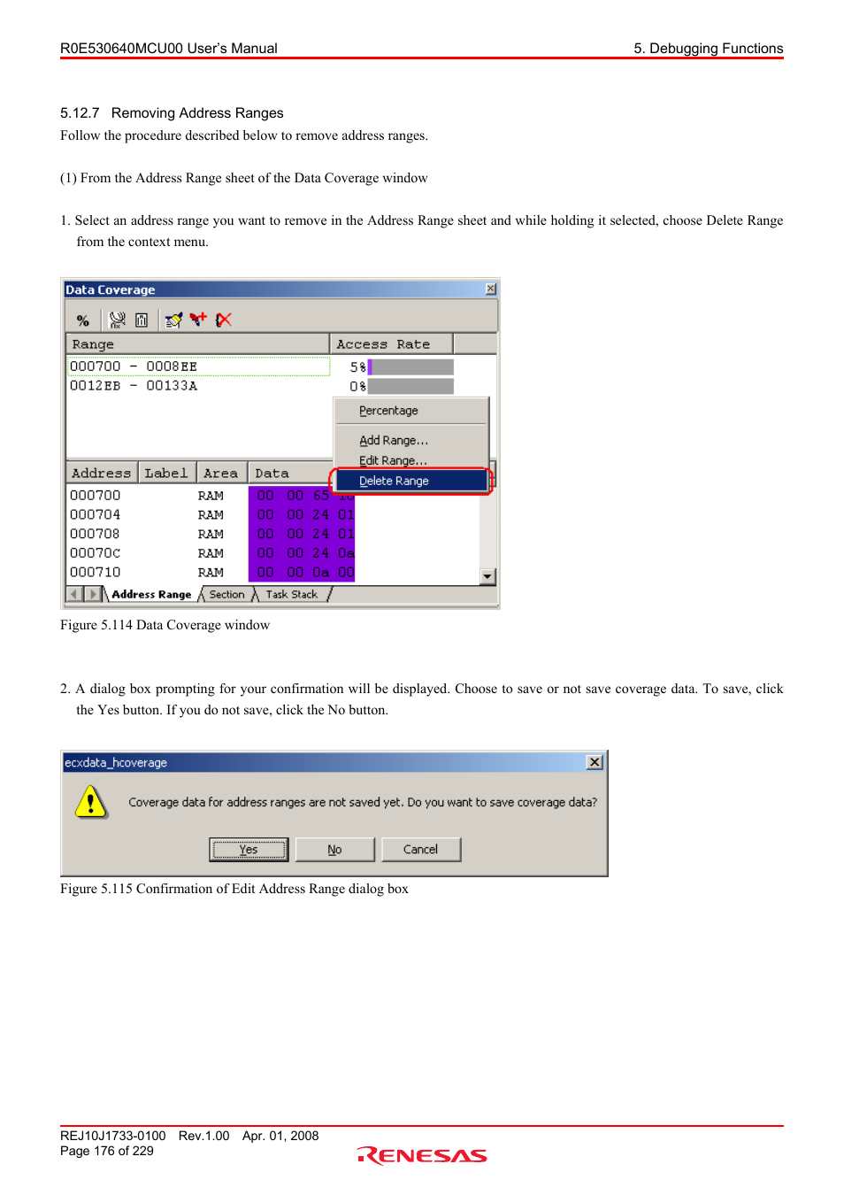 7 removing address ranges, Removing address ranges | Renesas R0E530640MCU00 User Manual | Page 176 / 229