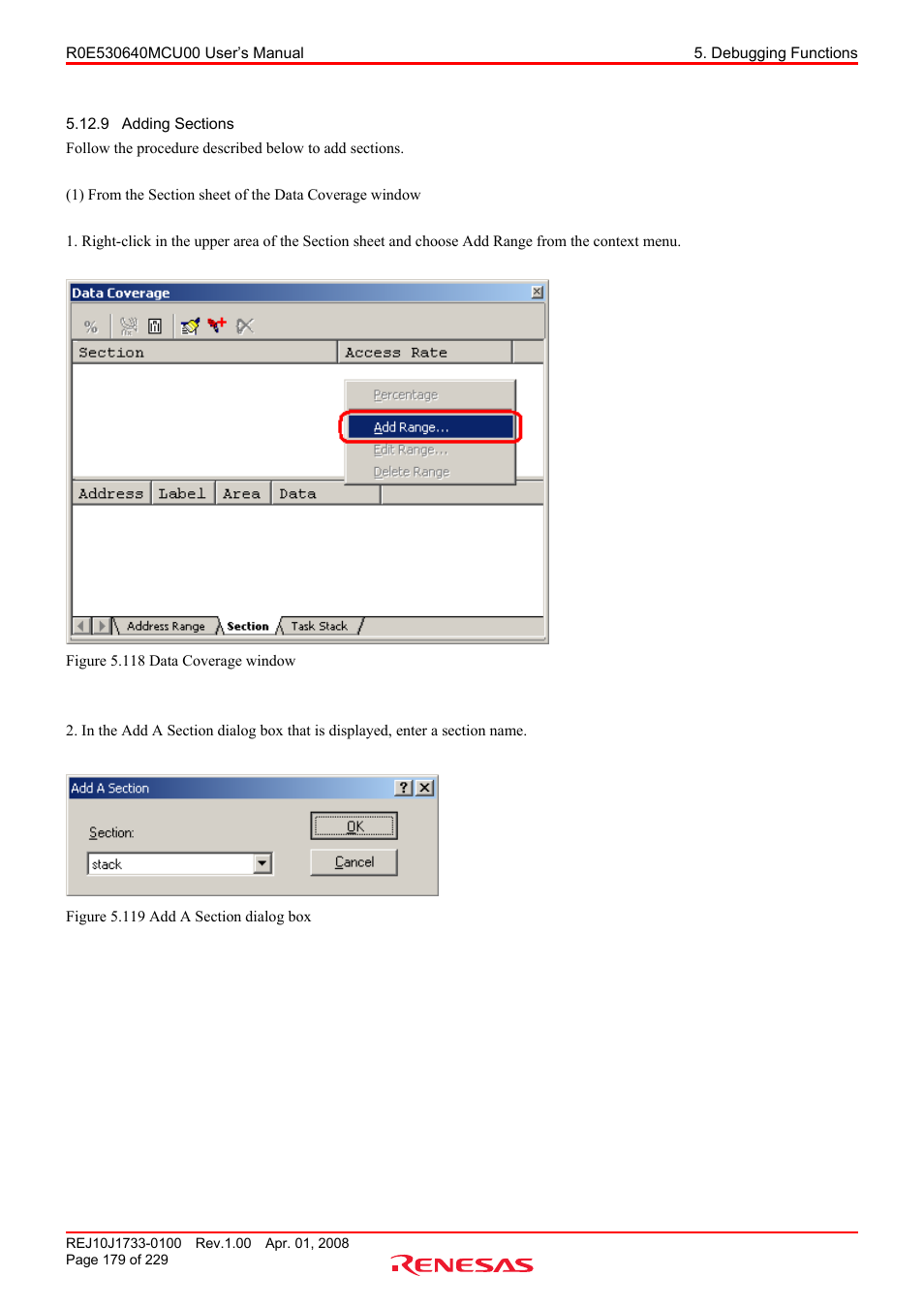 9 adding sections, Adding sections | Renesas R0E530640MCU00 User Manual | Page 179 / 229
