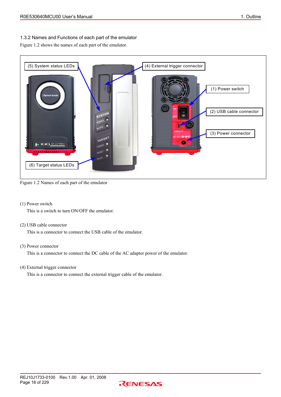 2 names and functions of each part of the emulator, Names and functions of each part of the emulator | Renesas R0E530640MCU00 User Manual | Page 18 / 229