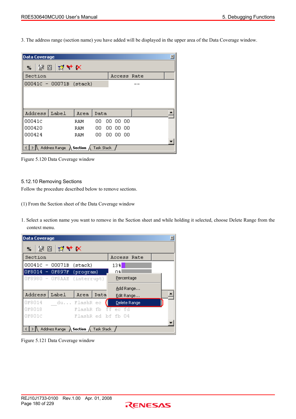 10 removing sections, Removing sections | Renesas R0E530640MCU00 User Manual | Page 180 / 229