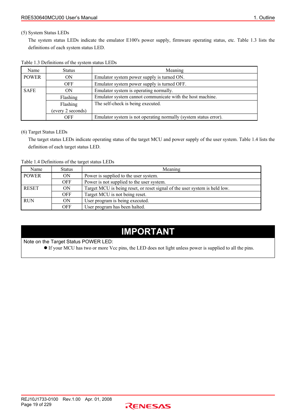 Important | Renesas R0E530640MCU00 User Manual | Page 19 / 229