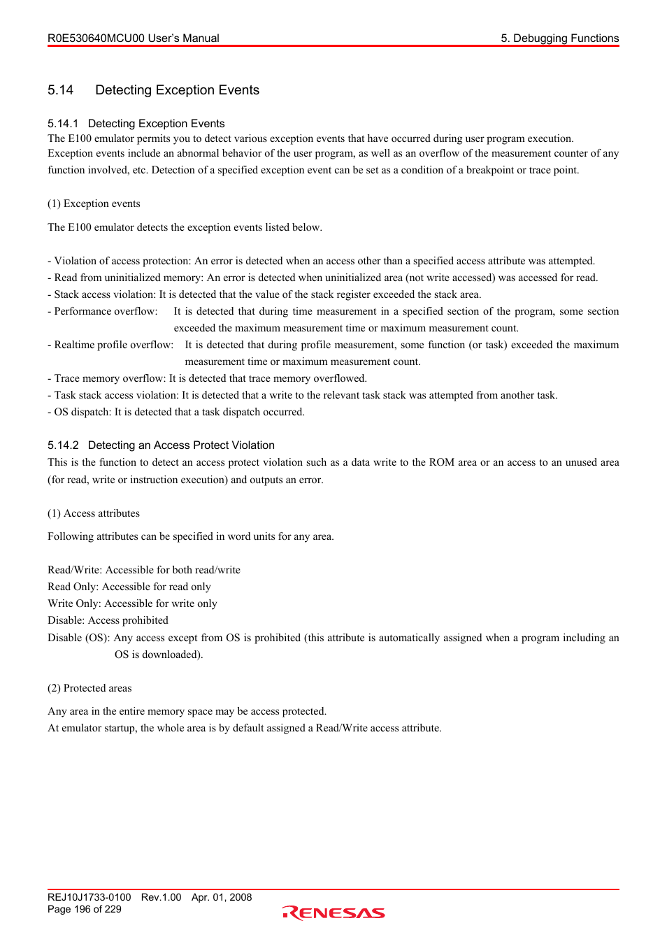 14 detecting exception events, 1 detecting exception events, 2 detecting an access protect violation | Detecting exception events, Detecting an access protect violation | Renesas R0E530640MCU00 User Manual | Page 196 / 229