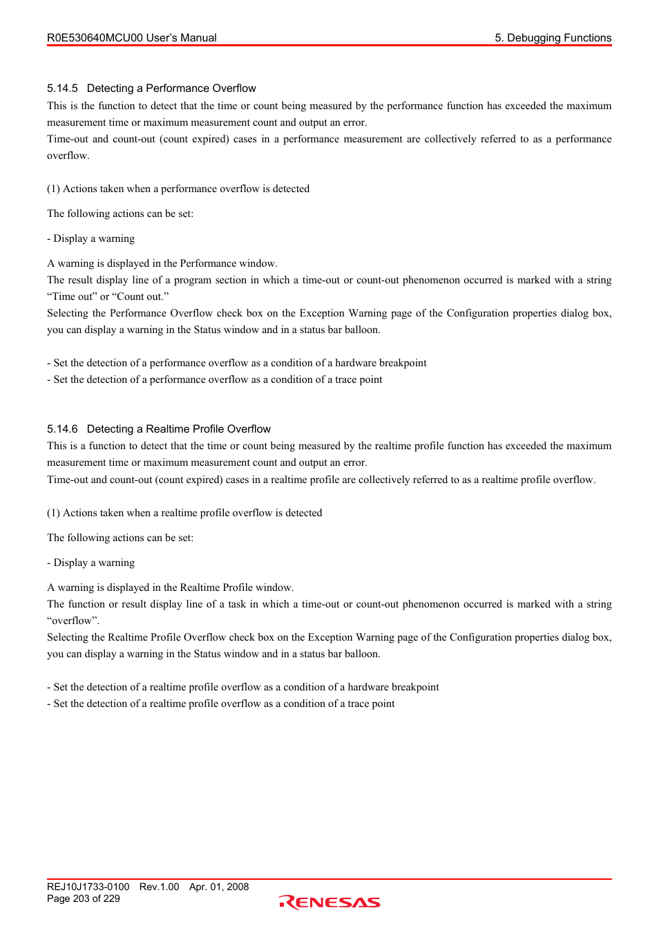 5 detecting a performance overflow, 6 detecting a realtime profile overflow, Detecting a performance overflow | Detecting a realtime profile overflow | Renesas R0E530640MCU00 User Manual | Page 203 / 229