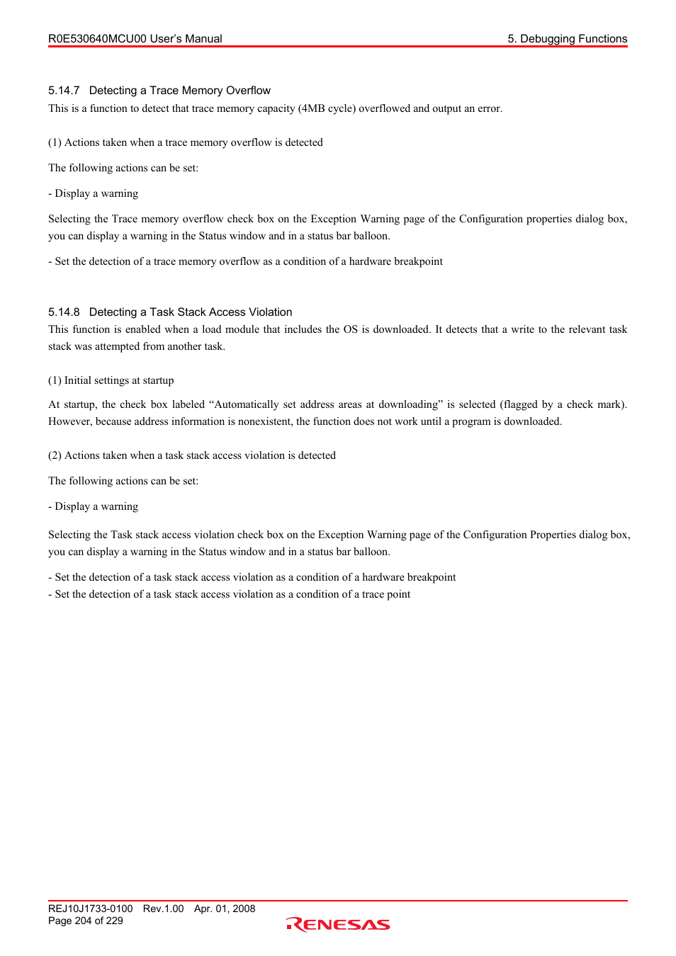 7 detecting a trace memory overflow, 8 detecting a task stack access violation, Detecting a trace memory overflow | Detecting a task stack access violation | Renesas R0E530640MCU00 User Manual | Page 204 / 229