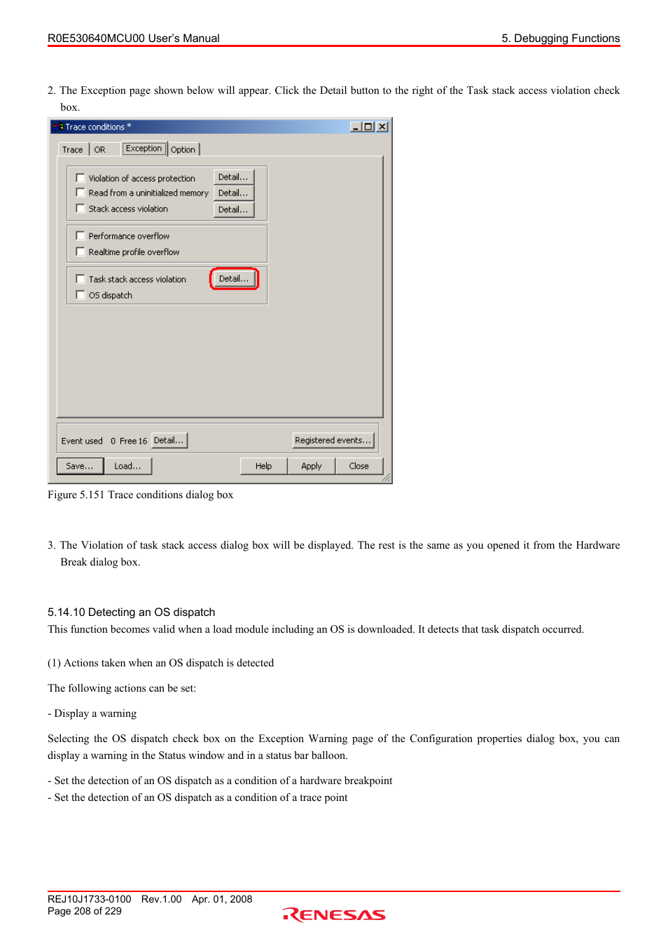 10 detecting an os dispatch, Detecting an os dispatch | Renesas R0E530640MCU00 User Manual | Page 208 / 229