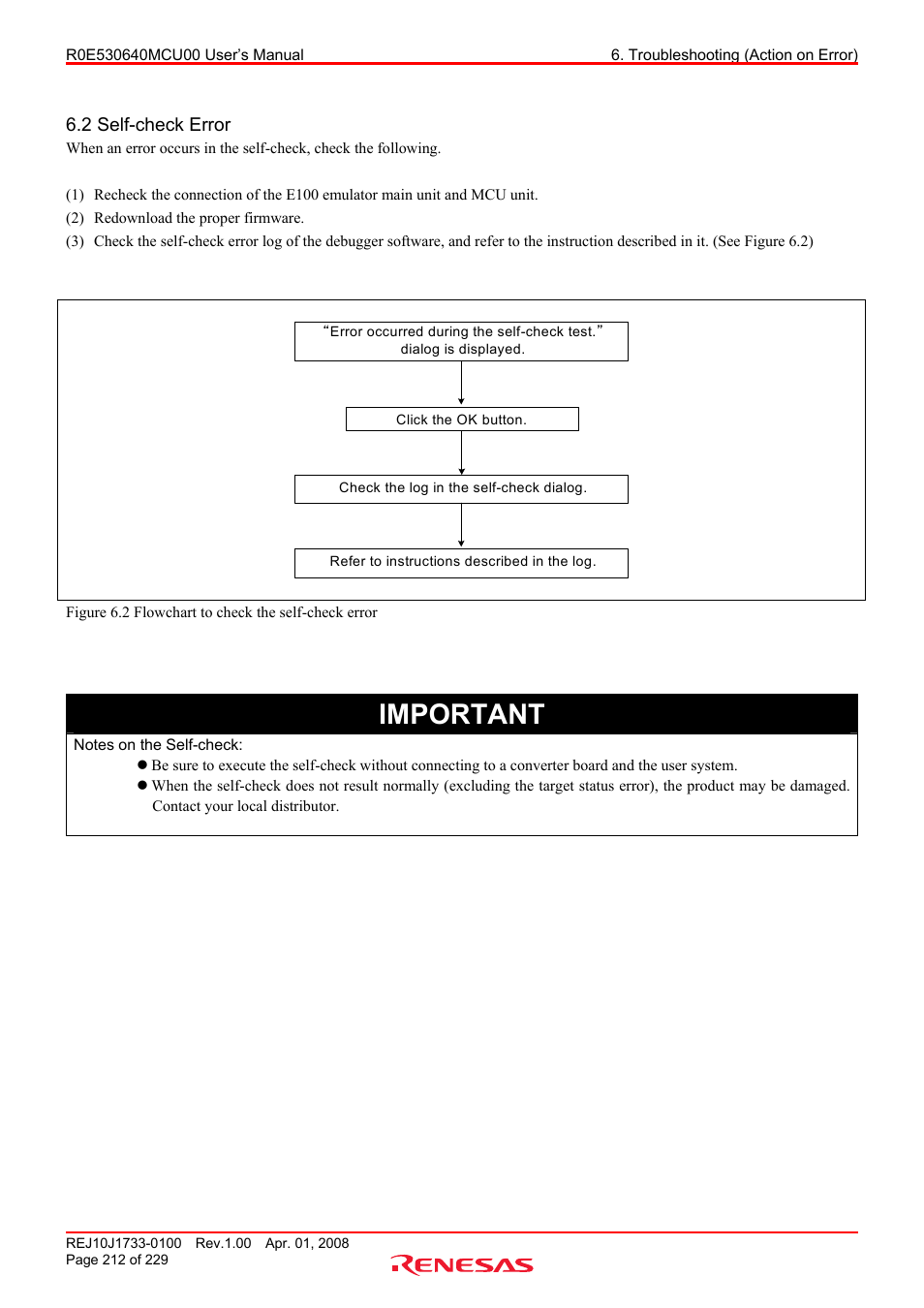 2 self-check error, Important | Renesas R0E530640MCU00 User Manual | Page 212 / 229