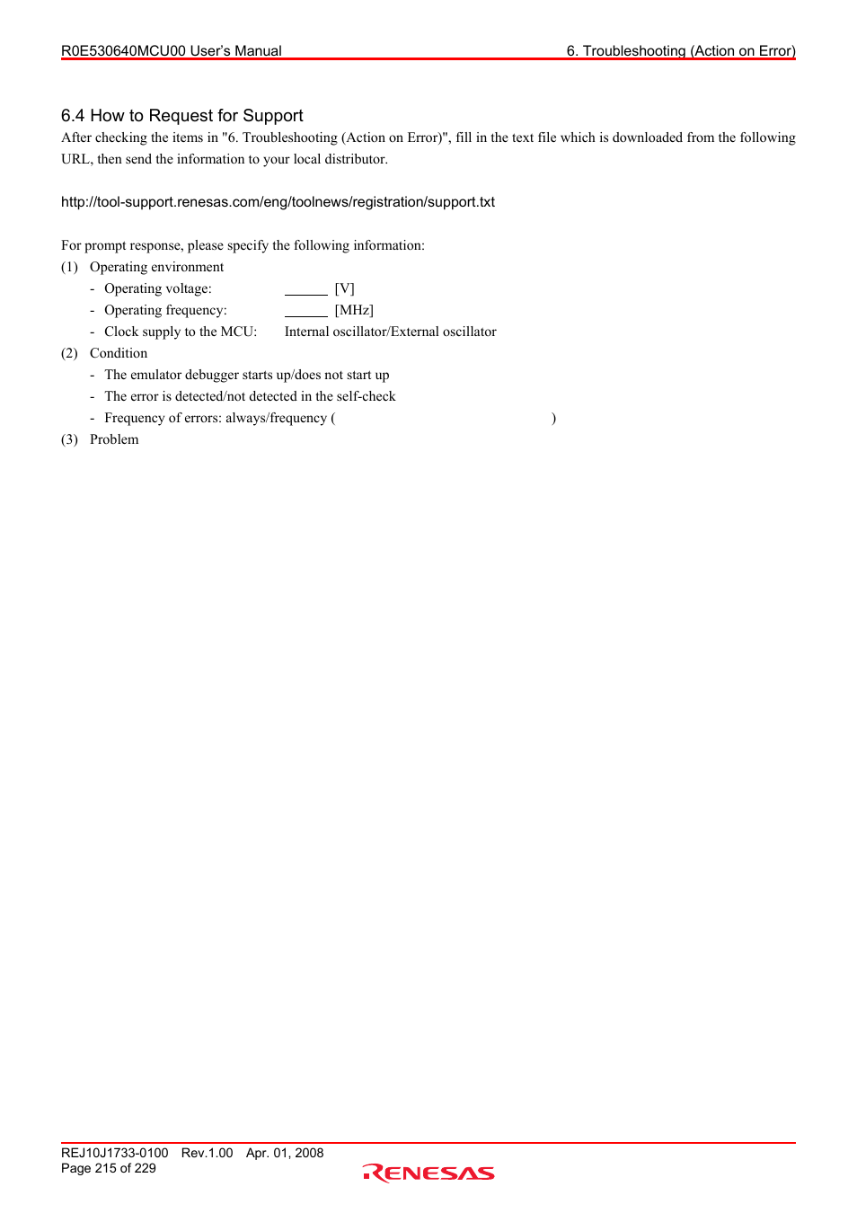 4 how to request for support | Renesas R0E530640MCU00 User Manual | Page 215 / 229