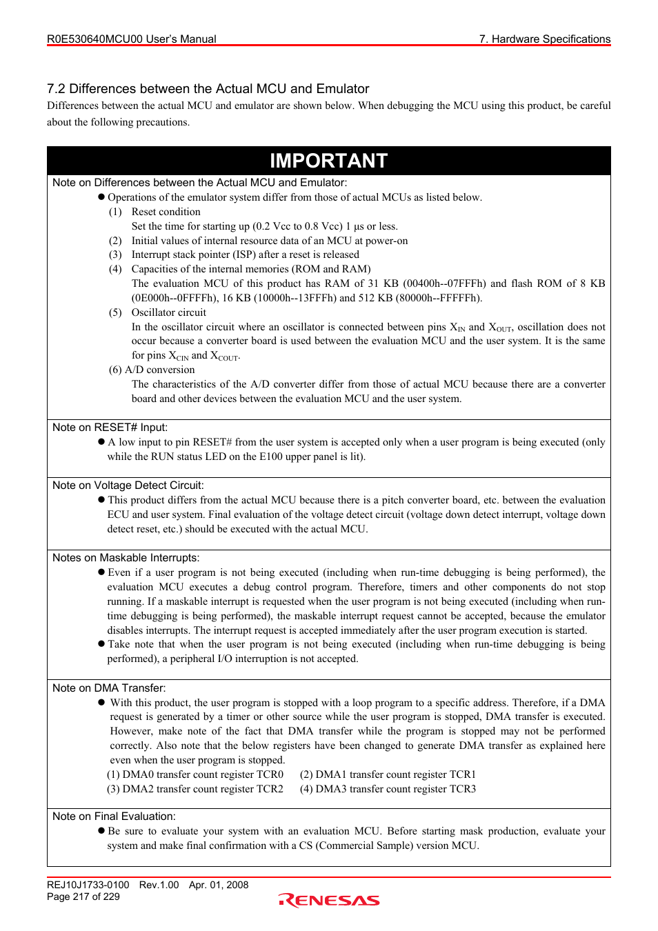 2 differences between the actual mcu and emulator, Important | Renesas R0E530640MCU00 User Manual | Page 217 / 229