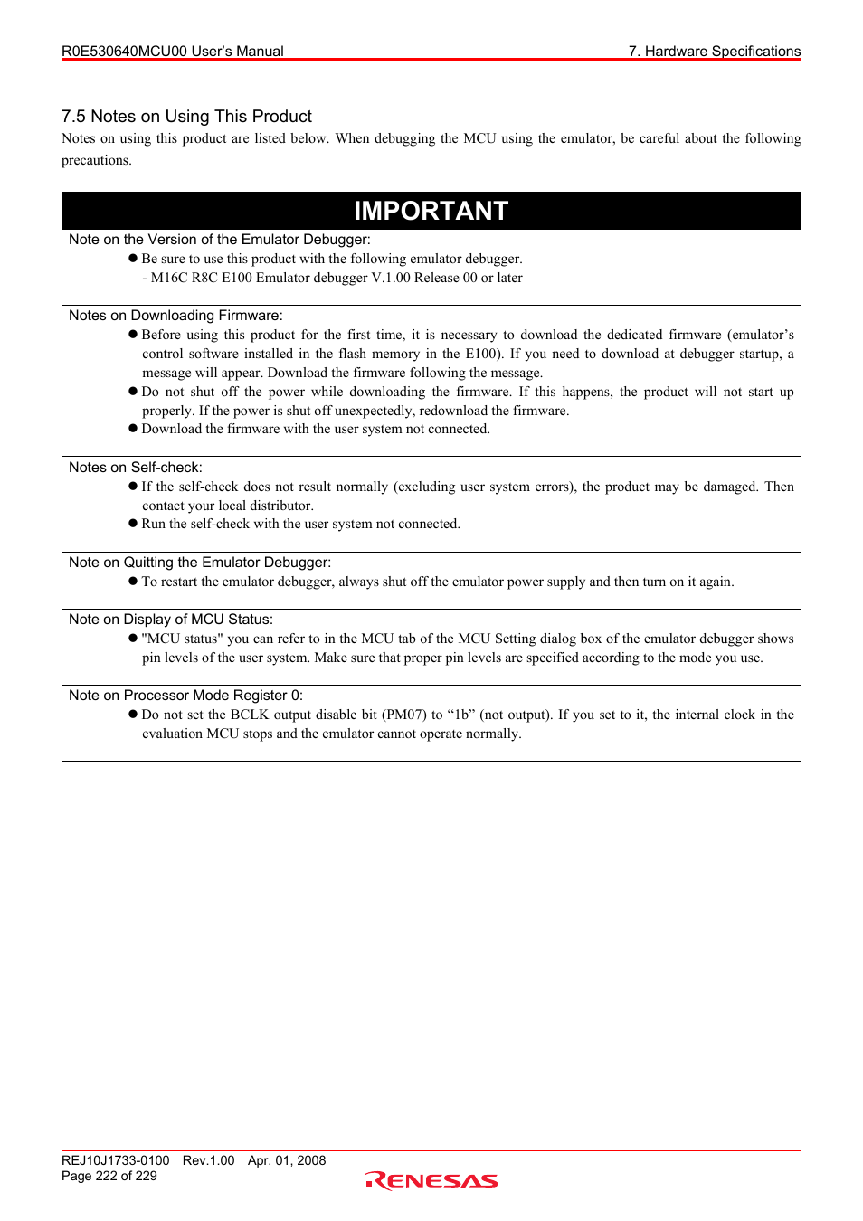 5 notes on using this product, Important | Renesas R0E530640MCU00 User Manual | Page 222 / 229