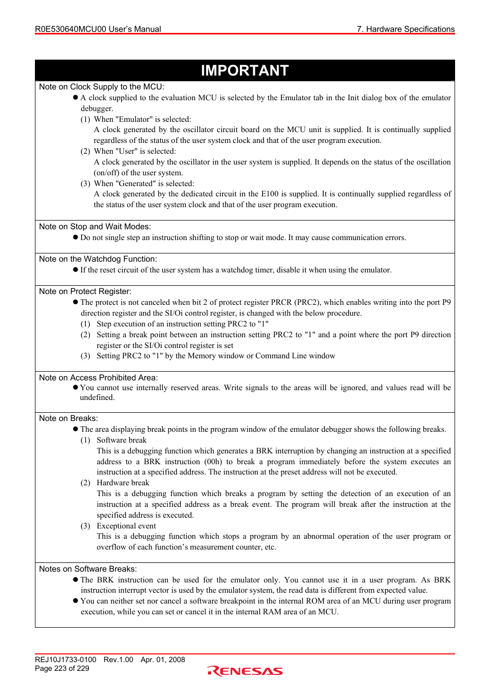 Important | Renesas R0E530640MCU00 User Manual | Page 223 / 229