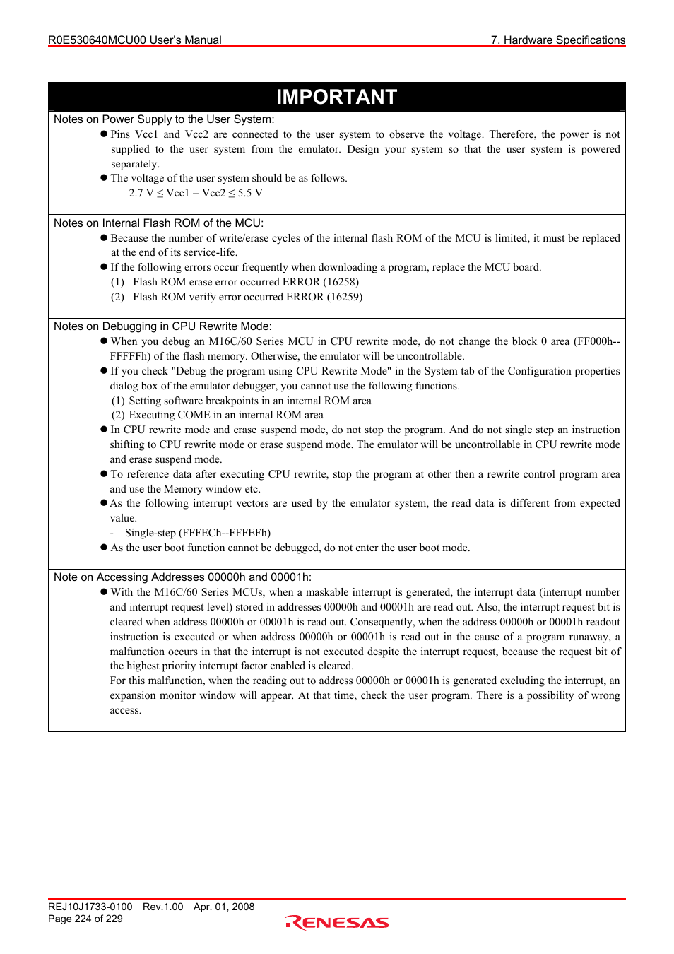 Important | Renesas R0E530640MCU00 User Manual | Page 224 / 229