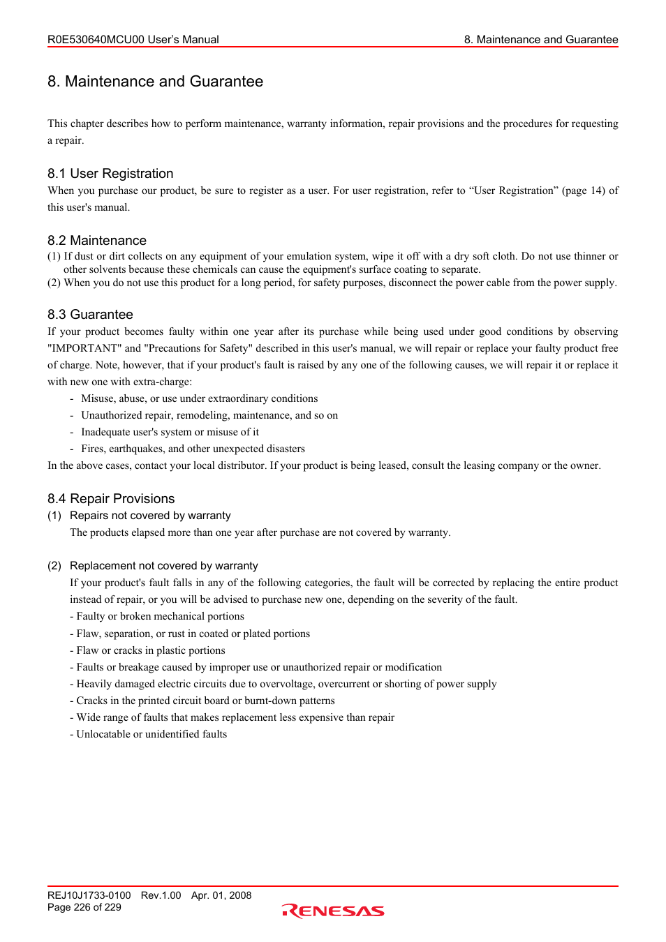 Maintenance and guarantee, 1 user registration, 2 maintenance | 3 guarantee, 4 repair provisions | Renesas R0E530640MCU00 User Manual | Page 226 / 229