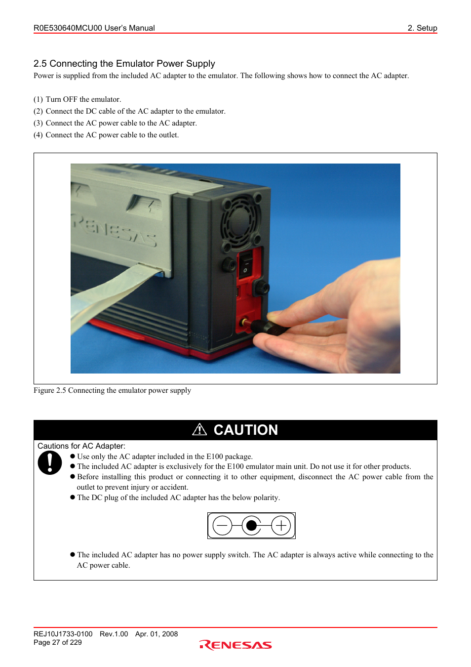 5 connecting the emulator power supply, Caution | Renesas R0E530640MCU00 User Manual | Page 27 / 229