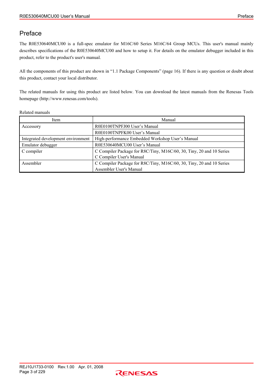 Preface | Renesas R0E530640MCU00 User Manual | Page 3 / 229