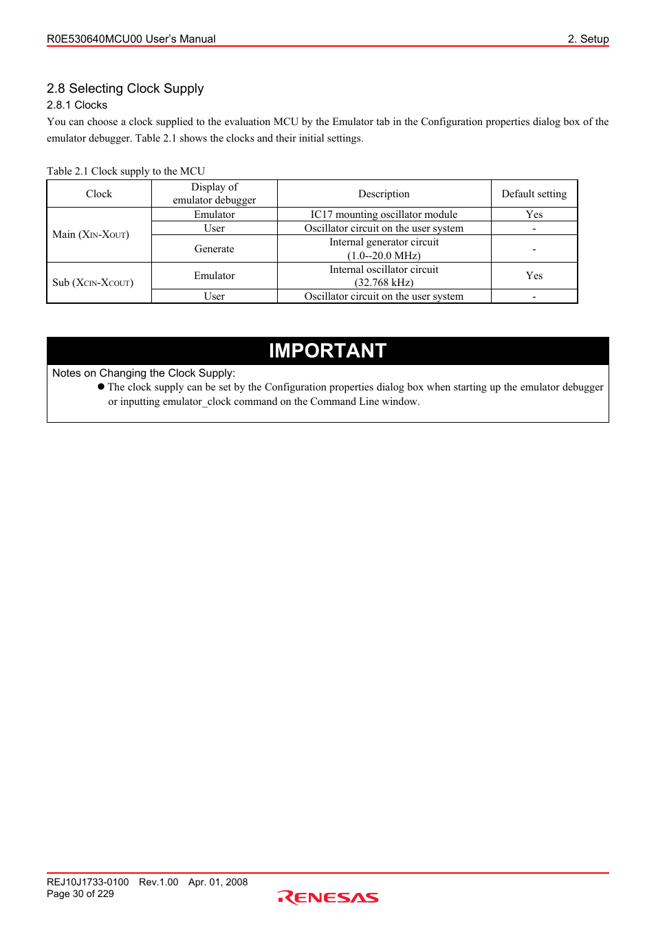 8 selecting clock supply, 1 clocks, Clocks | Important | Renesas R0E530640MCU00 User Manual | Page 30 / 229