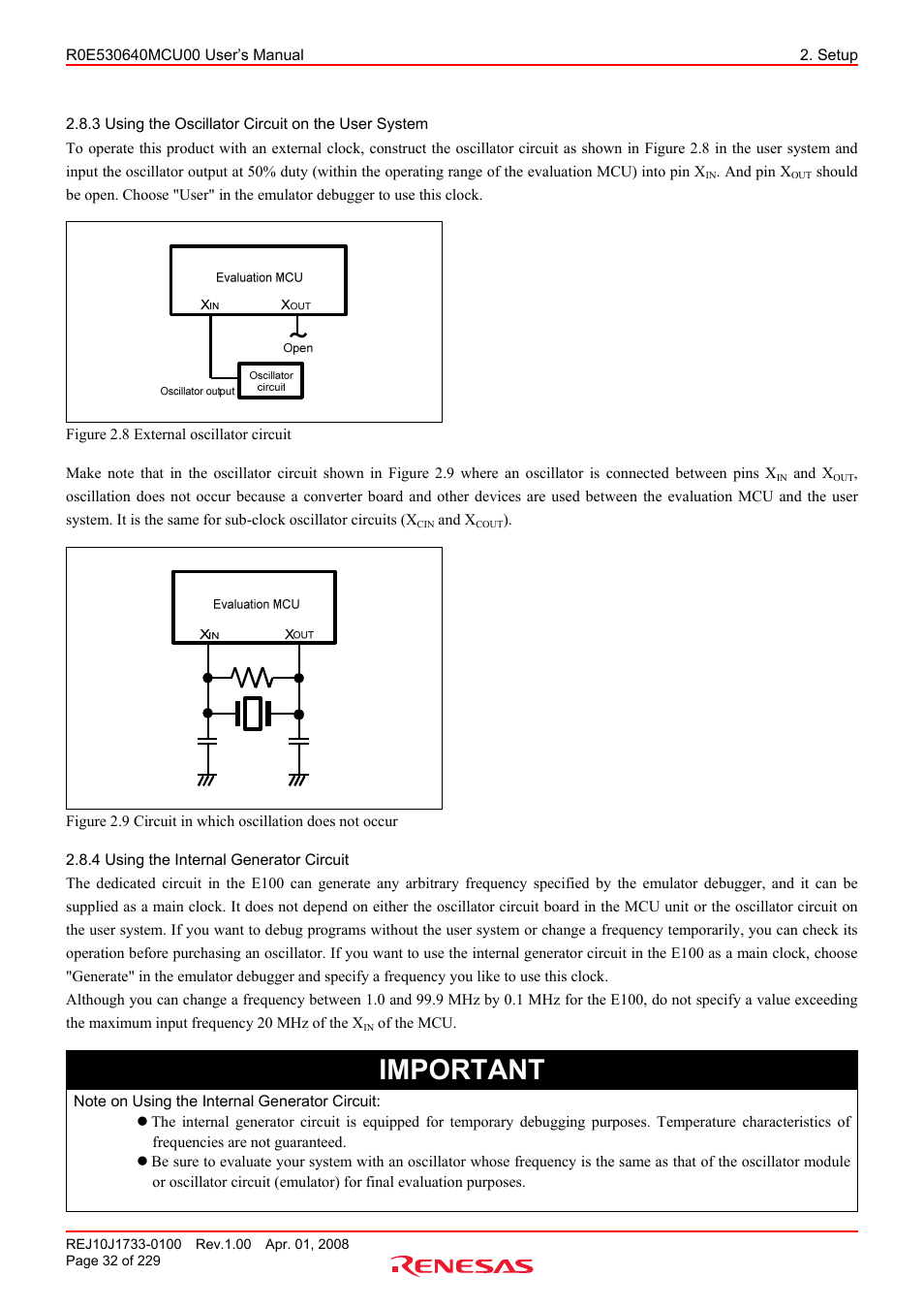 3 using the oscillator circuit on the user system, 4 using the internal generator circuit, Using the oscillator circuit on the user system | Using the internal generator circuit, Important | Renesas R0E530640MCU00 User Manual | Page 32 / 229