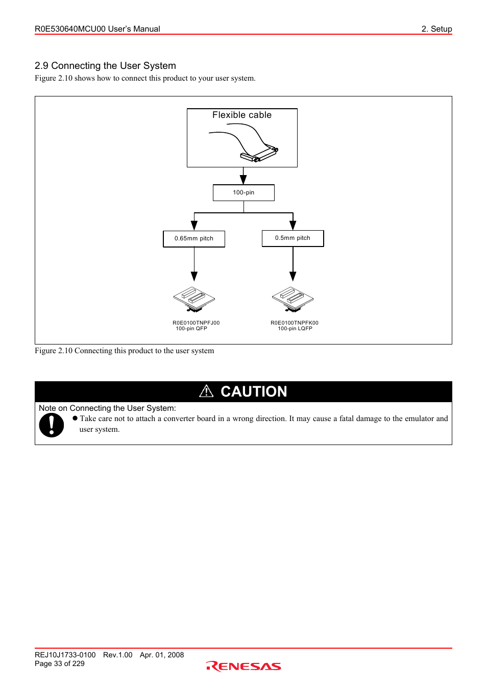 9 connecting the user system, Caution | Renesas R0E530640MCU00 User Manual | Page 33 / 229