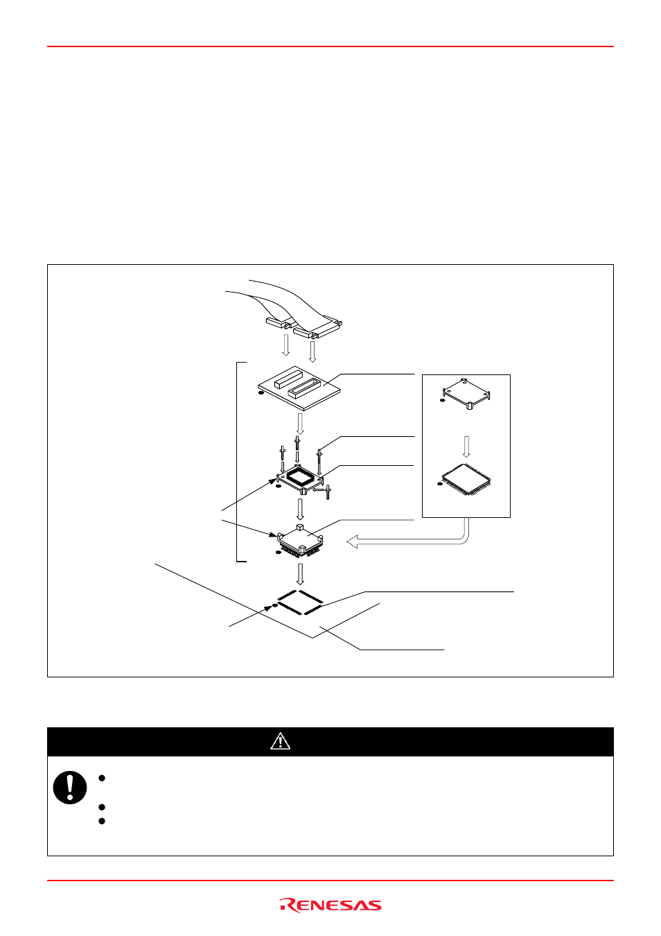 2 connecting to a 100-pin 0.5mm pitch foot pattern, Connecting to a 100-pin 0.5mm pitch foot pattern, Caution | Renesas R0E530640MCU00 User Manual | Page 35 / 229
