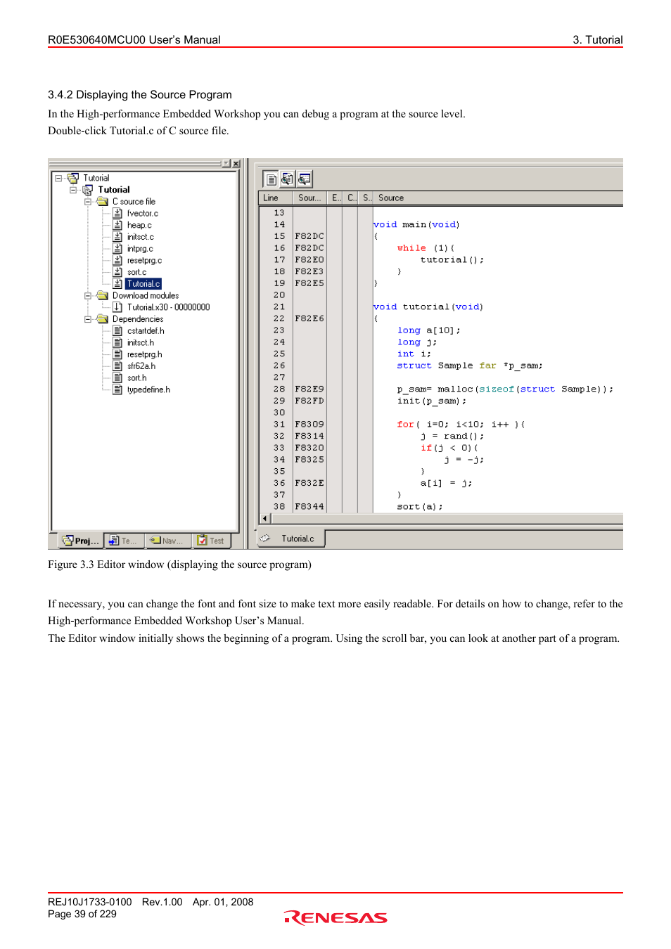 2 displaying the source program, Displaying the source program | Renesas R0E530640MCU00 User Manual | Page 39 / 229
