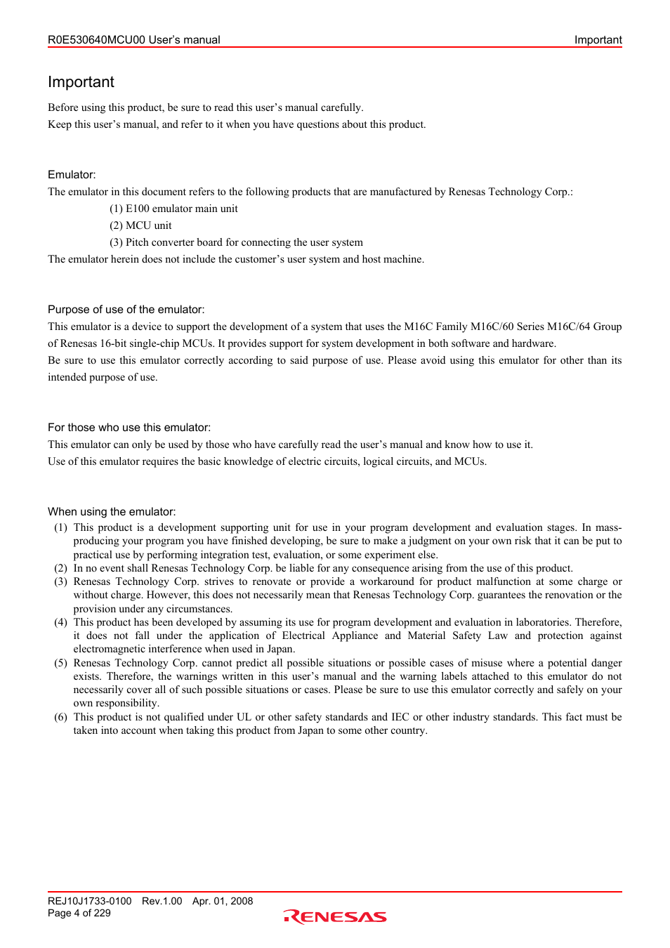Important | Renesas R0E530640MCU00 User Manual | Page 4 / 229