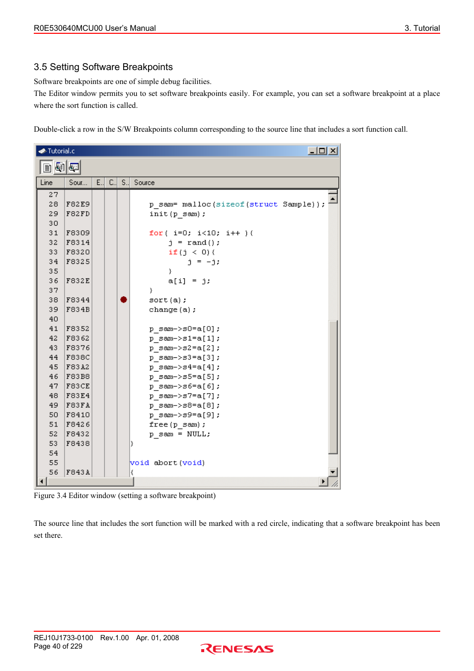 5 setting software breakpoints | Renesas R0E530640MCU00 User Manual | Page 40 / 229