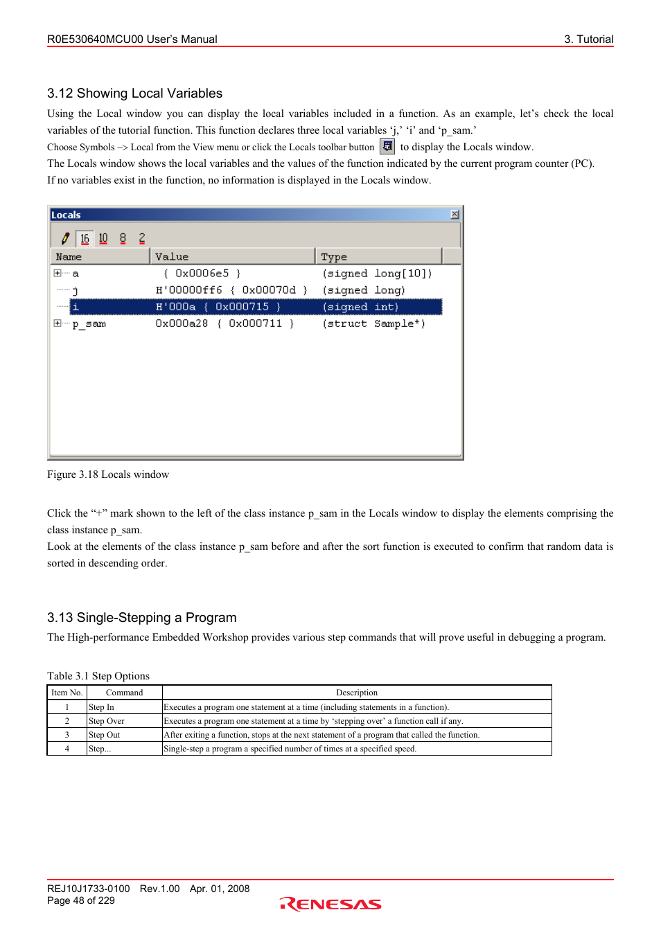 12 showing local variables, 13 single-stepping a program | Renesas R0E530640MCU00 User Manual | Page 48 / 229