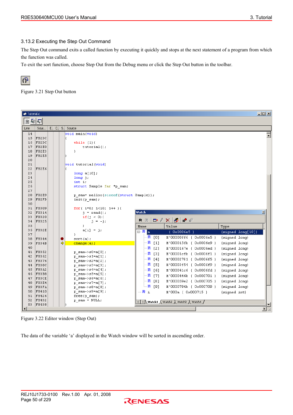 2 executing the step out command | Renesas R0E530640MCU00 User Manual | Page 50 / 229
